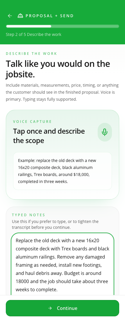Voice capture screen from the AI Contractor System